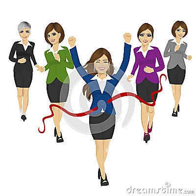 Cheerful business woman crossing the finish line with colleagues running in the background Vector Illustration