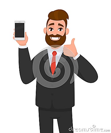 Cheerful businessman holding/showing brand new smartphone/mobile/cell phone in hand and gesturing thumbs up sign. Good, deal. Vector Illustration