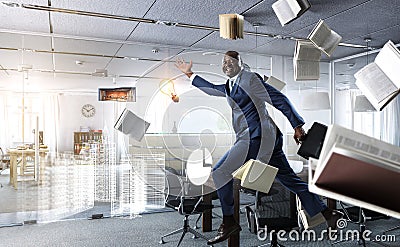 Cheerful businessman jumping high. Mixed media Stock Photo