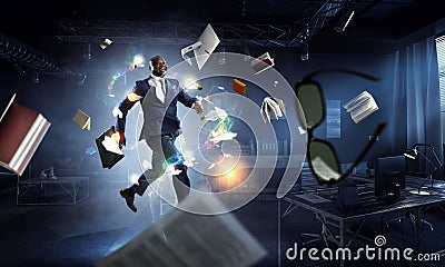 Cheerful businessman jumping high. Mixed media Stock Photo