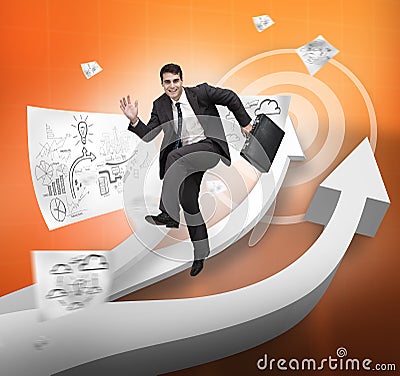 Cheerful businessman jumping over arrows Stock Photo