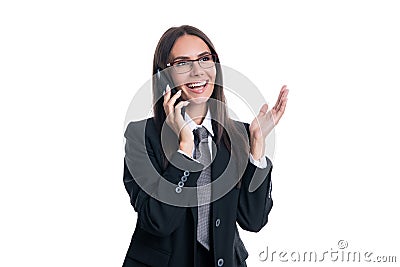 cheerful businesswoman call on phone isolated on white. businesswoman call on phone Stock Photo