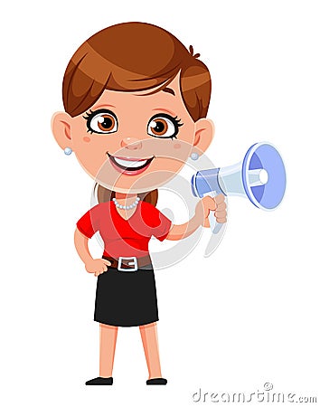 Cartoon business woman making announcement. Cheerful businesswoman cartoon character. Vector Illustration