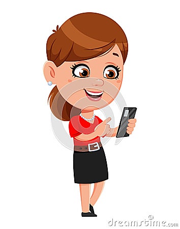 Cartoon business woman using smartphone. Cheerful businesswoman cartoon character. Vector Illustration