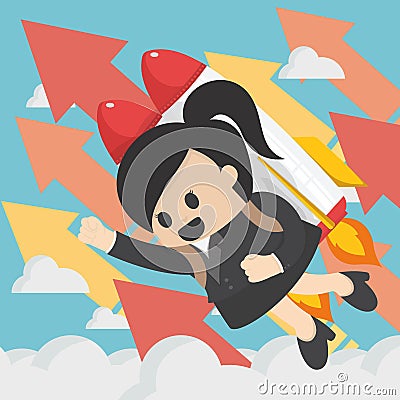 Cheerful businesswoman flying off with jet pack vector flat illu Vector Illustration