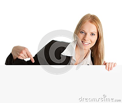 Cheerful businesswomen presenting empty board Stock Photo