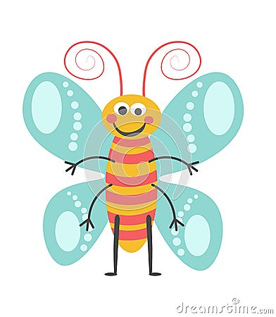 Cheerful butterfly with curled antennae and striped body Vector Illustration