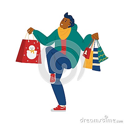 Cheerful buyer shopping for Christmas, flat vector illustration isolated. Vector Illustration