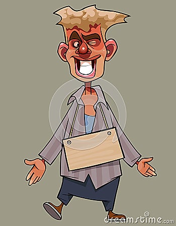 Cheerful cartoon man with a blank sign hanging around his neck Vector Illustration