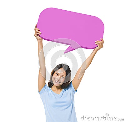 Cheerful Casual Woman Holding Speech Bubble Stock Photo