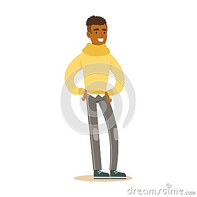 Cheerful casual young African man standing. Colorful cartoon character vector Illustration Vector Illustration