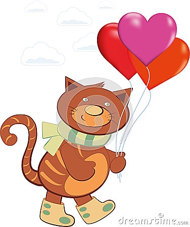 Cheerful cat carrying balloons in the shape of a heart Cartoon Illustration