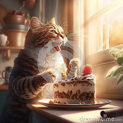 A cheerful cat that is going to eat a delicious piece of cake in the kitchen. Created with Generative AI. Cartoon Illustration