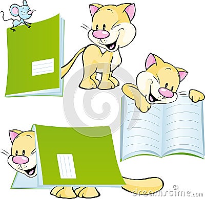 cheerful cat playing and learning with workbook - vector Vector Illustration