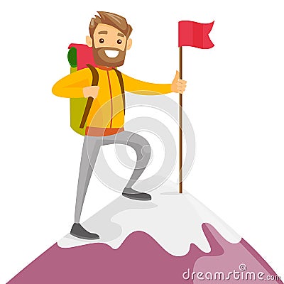 Young caucasian white man on the top of mountain. Vector Illustration