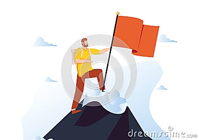 Cheerful caucasian white climber standing on the top of mountain with a red flag. Young smiling mountaineer climbing Vector Illustration