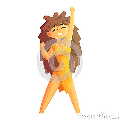 A cheerful cave girl, with her hand raised, stone age character, colorful vector illustration Vector Illustration