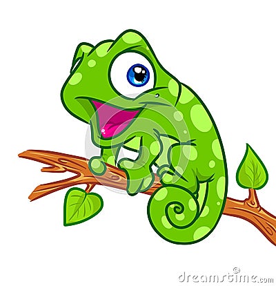 Cheerful chameleon tree branch cartoon illustration Cartoon Illustration