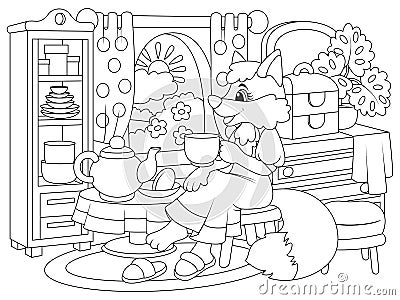 Cheerful character, the fox sits near the window and drinks tea. House interior, furniture. Raster, page for printable Cartoon Illustration