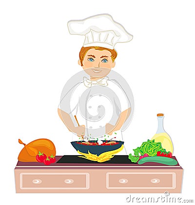 Cheerful chef cooks healthy and tasty dish Vector Illustration