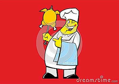 Funny cook with chicken skewers Stock Photo