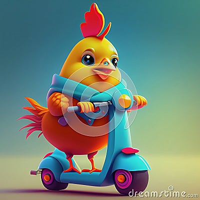 cheerful chicken on a scooter Cartoon Illustration