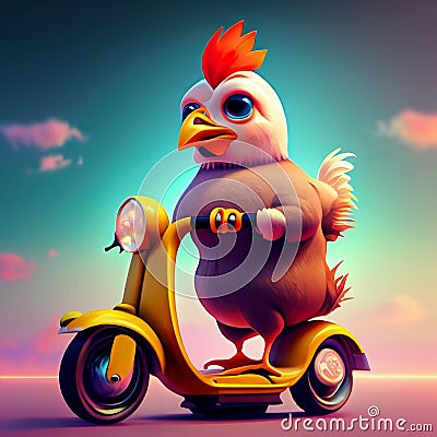 cheerful chicken on a scooter Cartoon Illustration