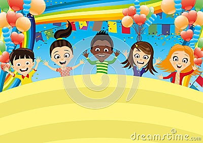 Cheerful children on festive background. Vector Illustration