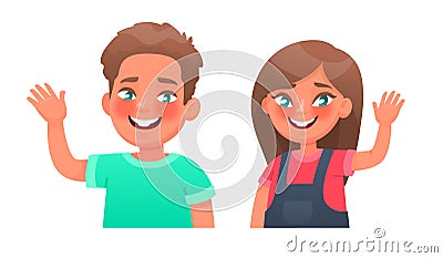 Cheerful children. Happy boy and girl waving hand, hello gesture. Vector illustration Cartoon Illustration