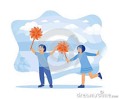 Cheerful children playing with paper windmills in the open air. A children's world entirely of imagination. Vector Illustration
