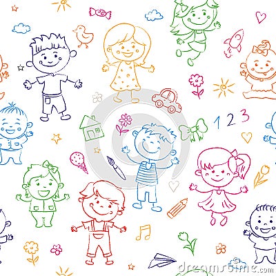 Cheerful children seamless pattern painted by colorful pencils with kids elements, drawings, paintings. Girls and boys Vector Illustration