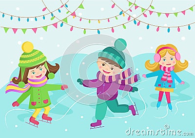 The cheerful children skating Vector Illustration