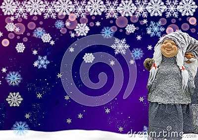 Cheerful Christmas gnomes, Christmas snowy night. The concept of the holiday. A Christmas card with a place for text. Stock Photo