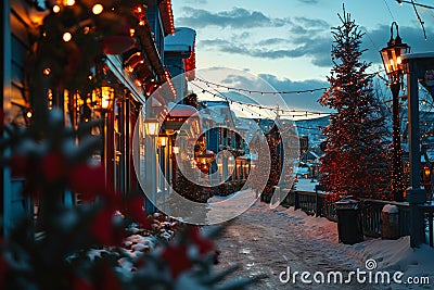 Cheerful Christmas Night in a Quaint Town. Stock Photo