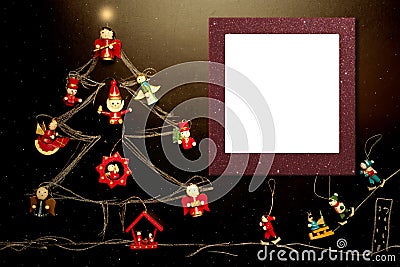 Cheerful Christmas photo frame, skiers card. Stock Photo