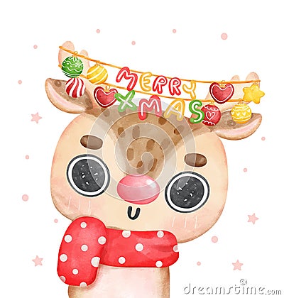 Cheerful Christmas Reindeer with Adornments Hanging from Antlers Vector Illustration
