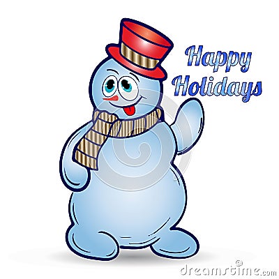 Cheerful christmas snowman in hat and scarf, shows tongue, cartoon on white background, Vector Illustration