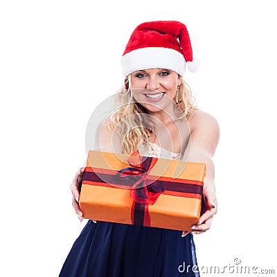 Cheerful Christmas woman giving present Stock Photo