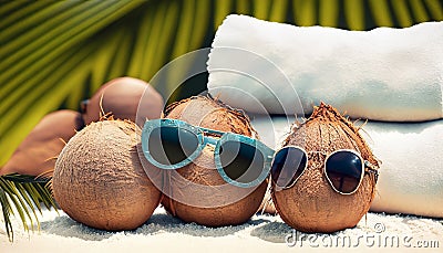 cheerful coconuts on summer sandy sunny beach suitable as background Stock Photo