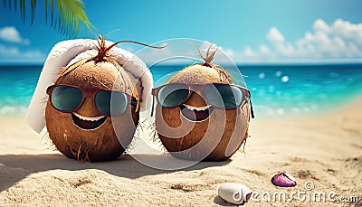 cheerful coconuts on summer sandy sunny beach suitable as background Stock Photo