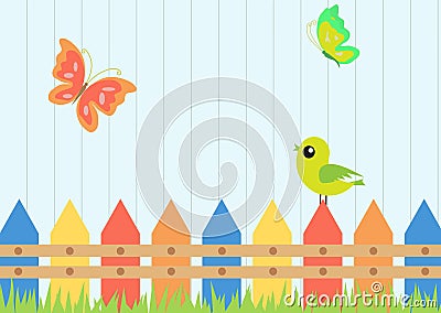 Cheerful color wallpaper with a bird, butterfly, grass, and fence Vector Illustration