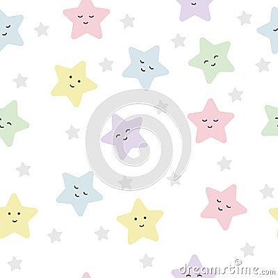Cheerful colored cute stars with emotions, children's seamless pattern in soft pastel colors. Vector Illustration