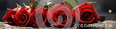 A cheerful colorful banner with large scarlet roses for the design of the website for Valentine's Day. Generated by AI Stock Photo