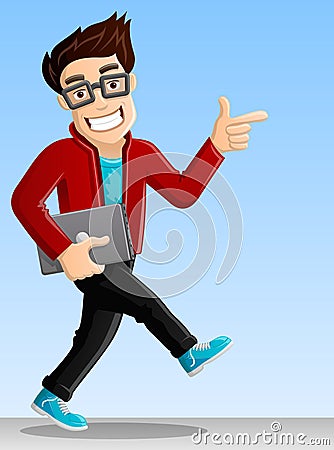 Cheerful Computer Geek - Pointing while Walking Vector Illustration