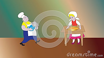 Cheerful cook and mistress. Vector Illustration