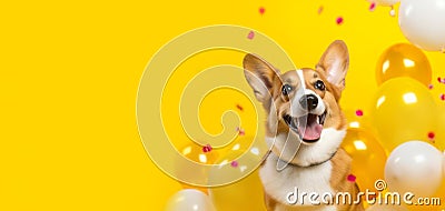 Cheerful corgi dog with balloons on a festive yellow background. Banner, postcard, copy space. Stock Photo