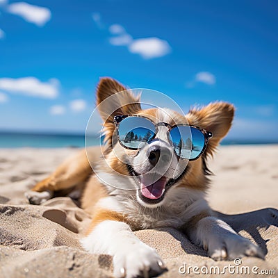 Cheerful Corgi Dog Enjoying the Beach Sun in Sunglasses. Generative Ai Stock Photo