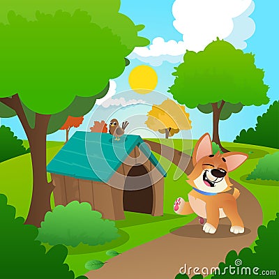 Cheerful corgi walking in park. Nature landscape with green grass, trees, bushes and wooden dog s house. Summer Vector Illustration