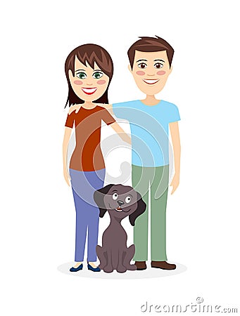 Cheerful couple with dog illustration. Vector Illustration