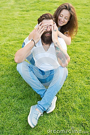 Cheerful couple. perfect date. family weekend. summer relax in park. romantic couple having fun together. cute girl and Stock Photo